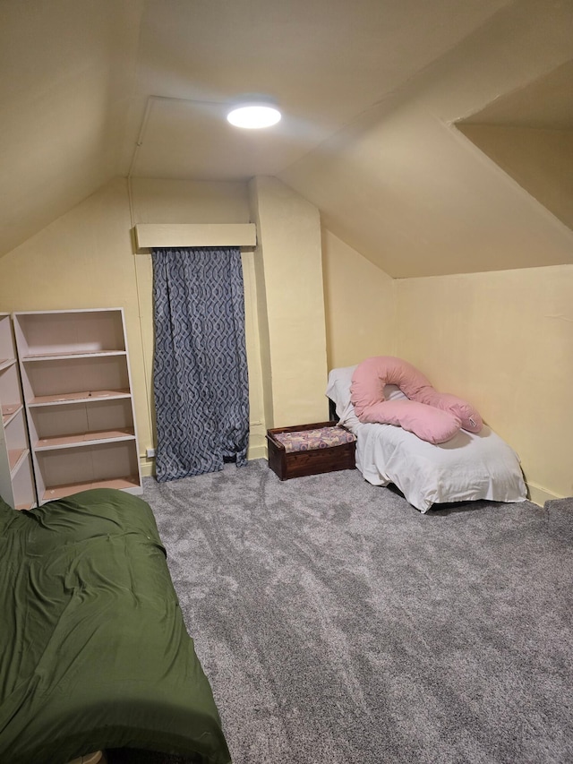 bedroom featuring carpet and lofted ceiling