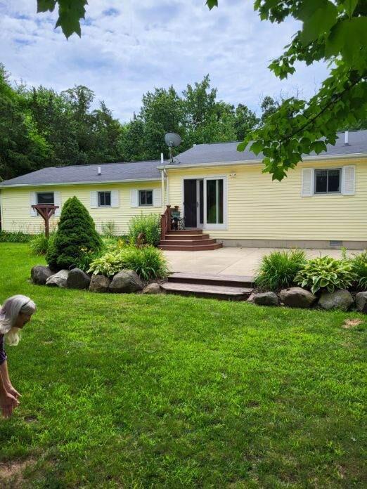 rear view of property with a yard and a patio area