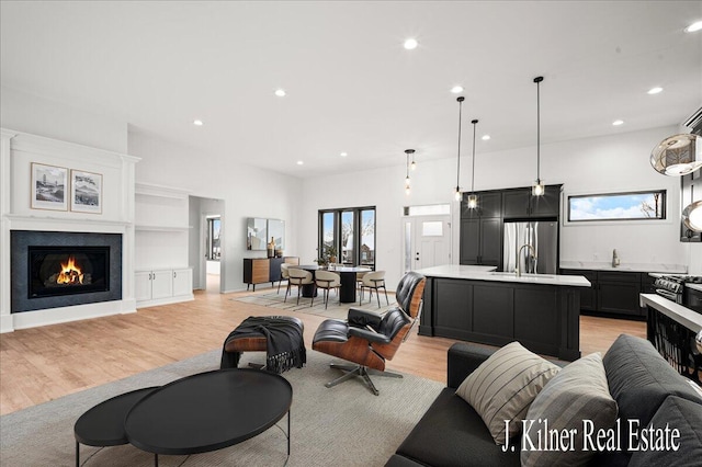 living room with sink, a wealth of natural light, and light hardwood / wood-style flooring