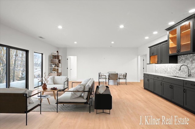 living room featuring sink and light hardwood / wood-style flooring