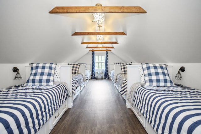 bedroom with vaulted ceiling with beams and dark wood-type flooring