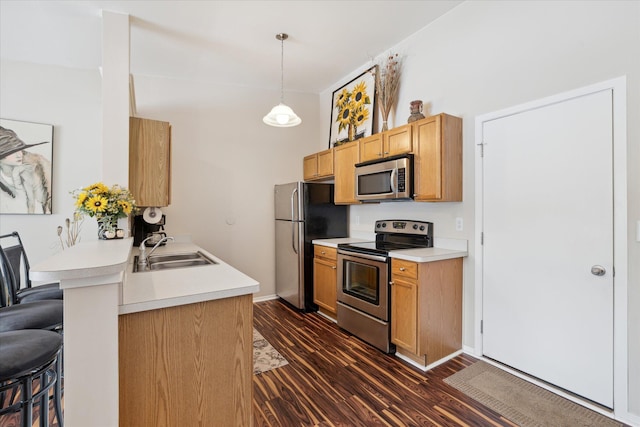 kitchen with sink, a kitchen breakfast bar, dark hardwood / wood-style floors, pendant lighting, and appliances with stainless steel finishes