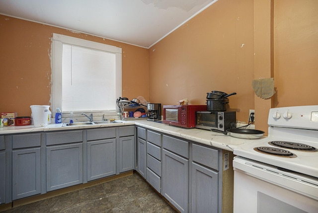 kitchen with sink, electric range, and gray cabinetry