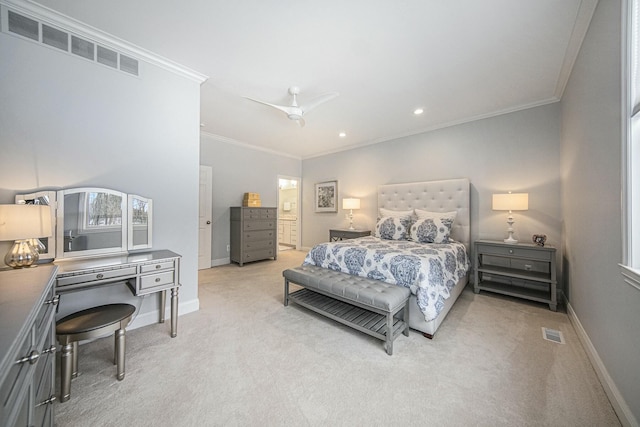 bedroom featuring ceiling fan, light colored carpet, and ornamental molding