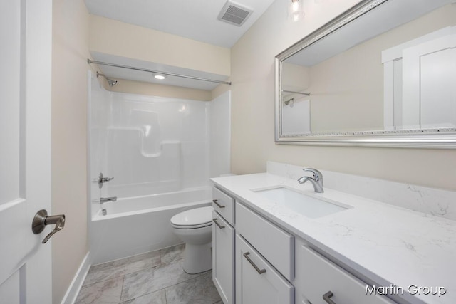 full bathroom featuring vanity,  shower combination, and toilet