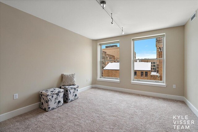 sitting room with track lighting and light carpet