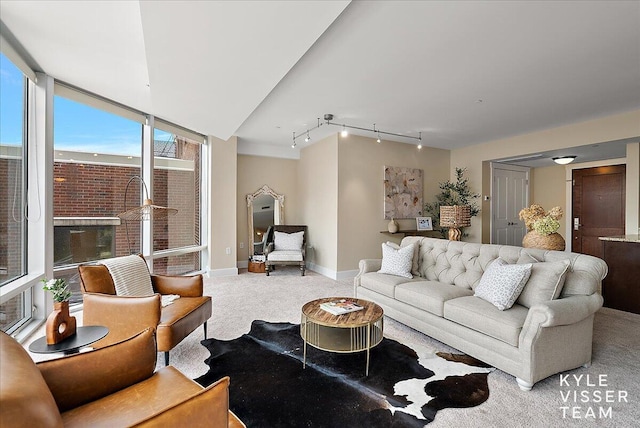 carpeted living room with rail lighting