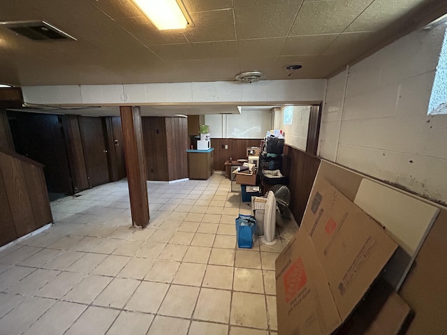 basement with wood walls