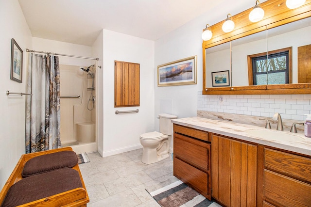 bathroom with toilet, a shower with shower curtain, tasteful backsplash, and vanity