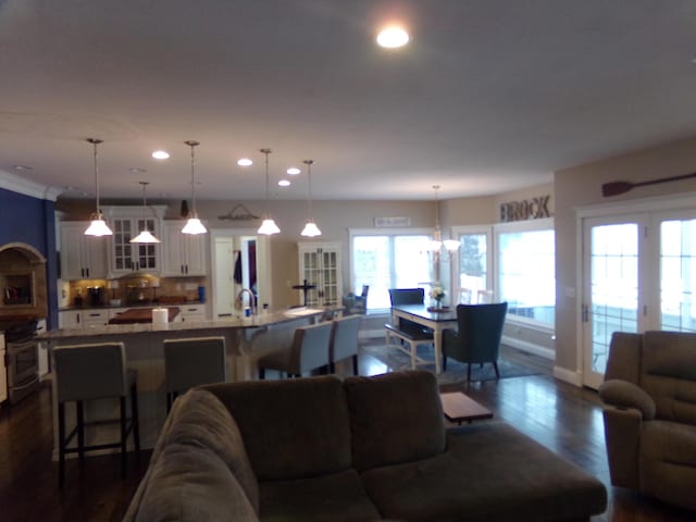 living room with dark hardwood / wood-style flooring