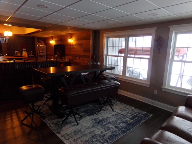 bar featuring hardwood / wood-style flooring, plenty of natural light, and a drop ceiling