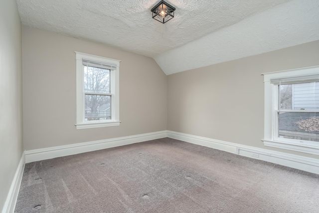 additional living space with a textured ceiling, carpet floors, and lofted ceiling