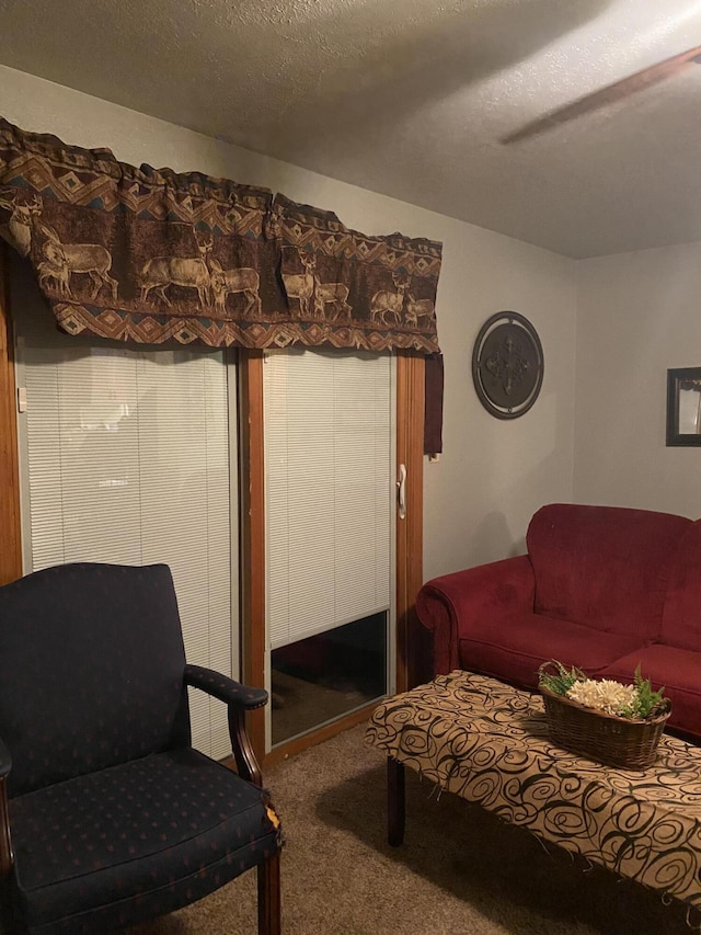 living room featuring a textured ceiling and carpet floors