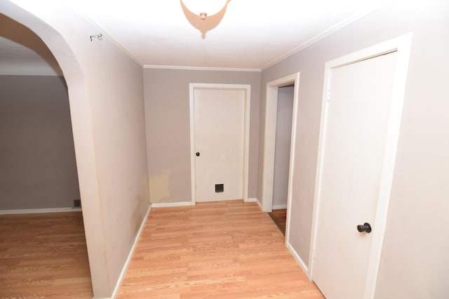 hallway with light hardwood / wood-style floors and ornamental molding