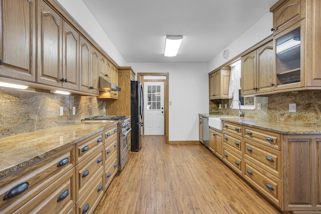 kitchen with light stone countertops, appliances with stainless steel finishes, decorative backsplash, sink, and light hardwood / wood-style flooring