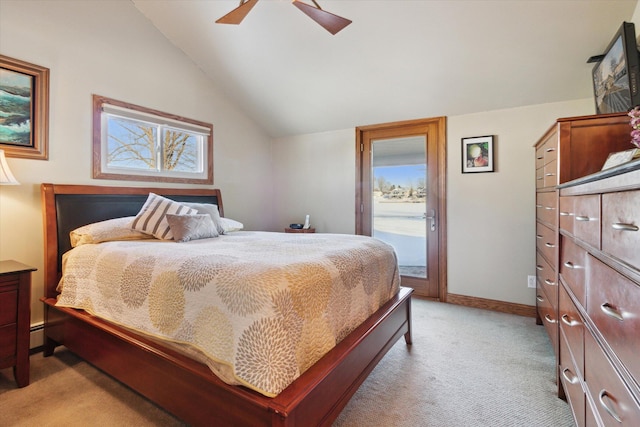 bedroom featuring a baseboard radiator, light carpet, lofted ceiling, ceiling fan, and access to exterior