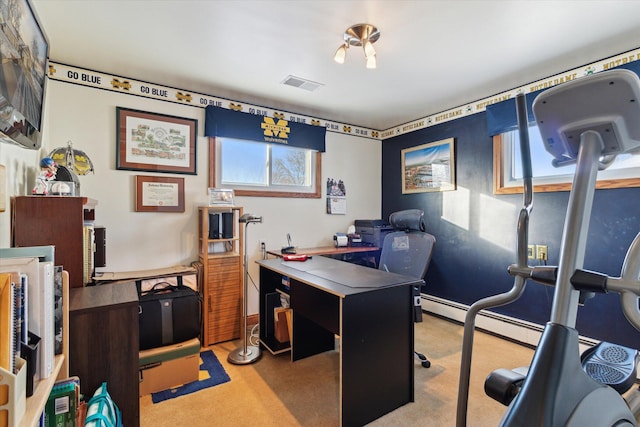 home office featuring a baseboard radiator and light carpet