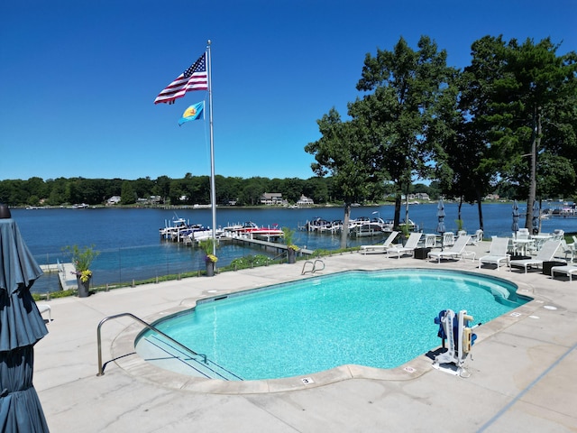 view of pool featuring a water view and a patio area