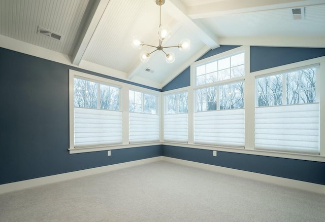 carpeted empty room with vaulted ceiling with beams and a notable chandelier