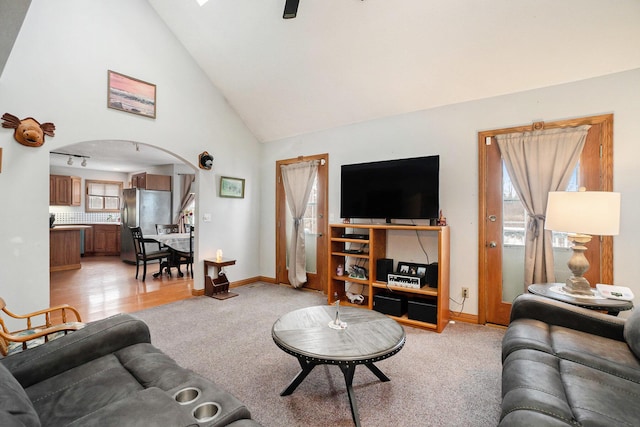 carpeted living room with high vaulted ceiling