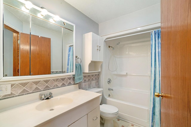 full bathroom with toilet, shower / bath combination with curtain, tasteful backsplash, and vanity