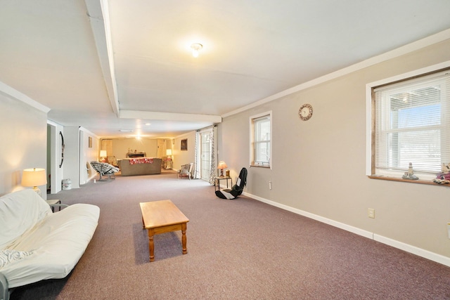 carpeted bedroom featuring ornamental molding