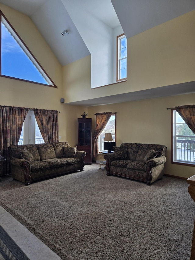 carpeted living room with high vaulted ceiling and plenty of natural light