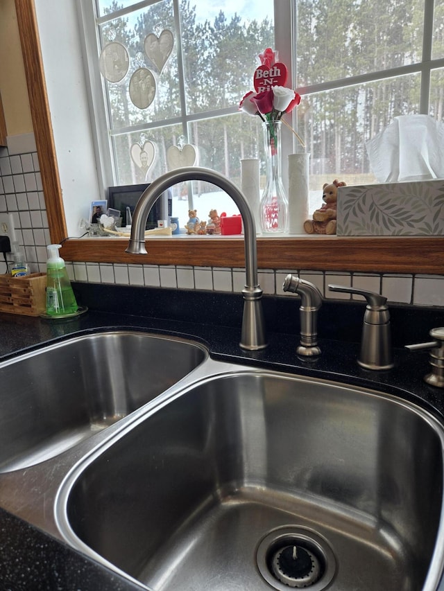 interior details featuring tasteful backsplash and sink