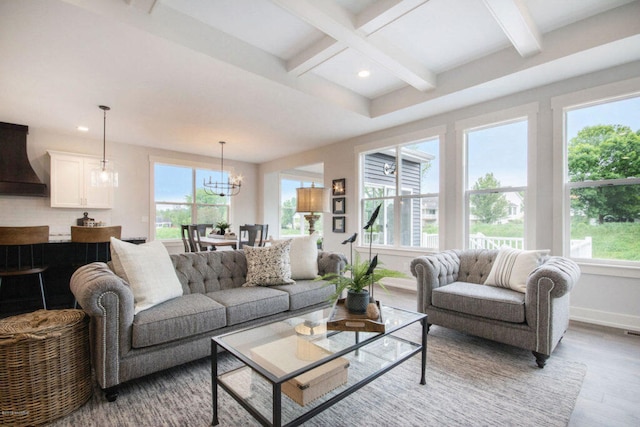 living room with a healthy amount of sunlight, a notable chandelier, and wood-type flooring