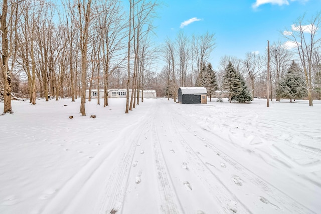 snowy yard featuring a storage unit