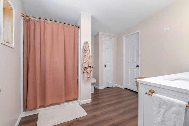 bathroom with hardwood / wood-style flooring, vanity, and toilet