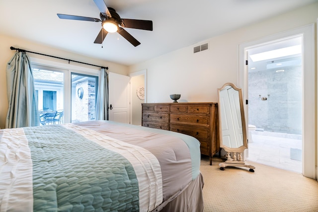 bedroom with ensuite bathroom, ceiling fan, access to exterior, and carpet