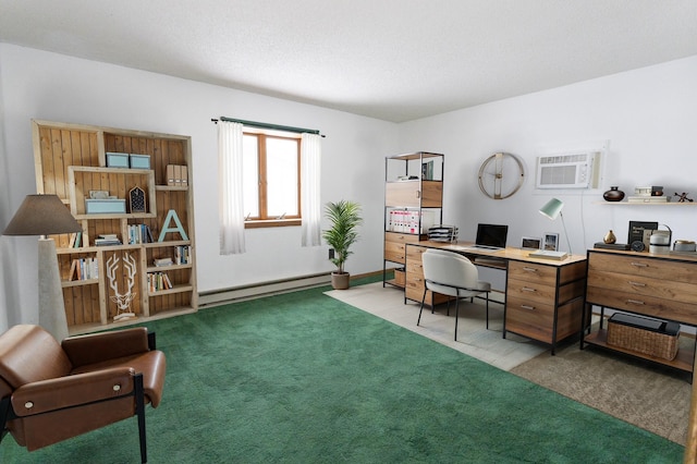 carpeted office with a baseboard heating unit and a wall unit AC