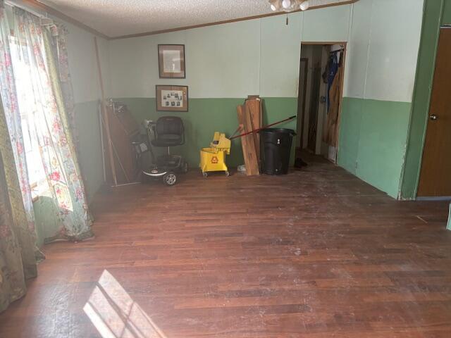 unfurnished room featuring lofted ceiling, a textured ceiling, and dark wood-type flooring