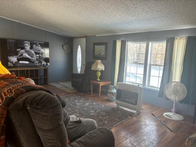 living room with heating unit, a textured ceiling, and a wealth of natural light