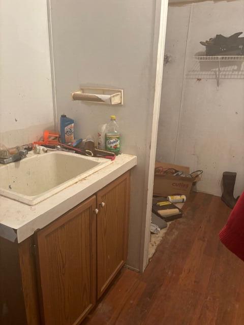 bathroom featuring vanity and hardwood / wood-style flooring