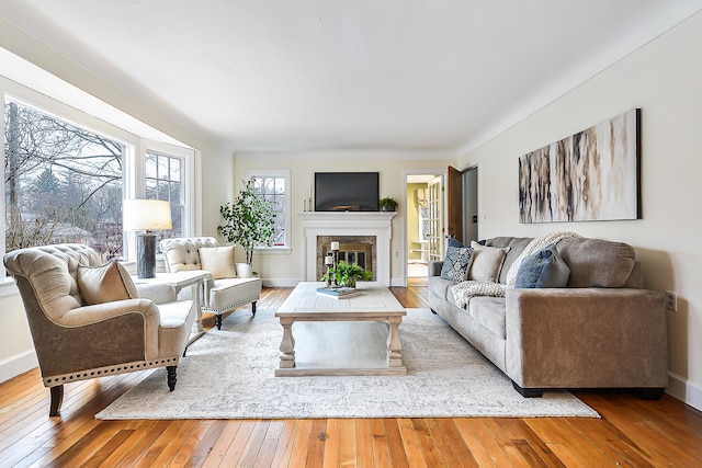 living room with a tile fireplace and light wood-type flooring