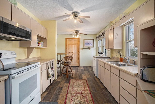 kitchen with sink, ceiling fan, dark wood-type flooring, a textured ceiling, and electric stove