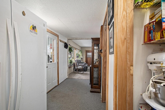 hall featuring light carpet