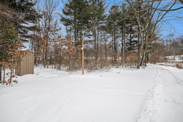 snowy yard with a storage shed