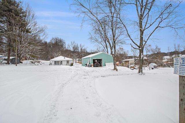 yard covered in snow with an outbuilding and a garage