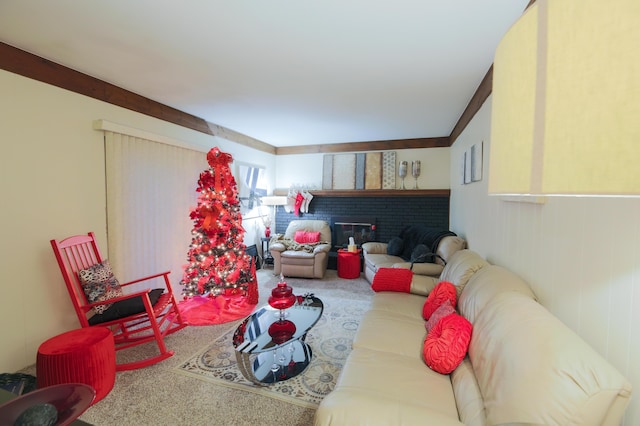 carpeted living room with a fireplace