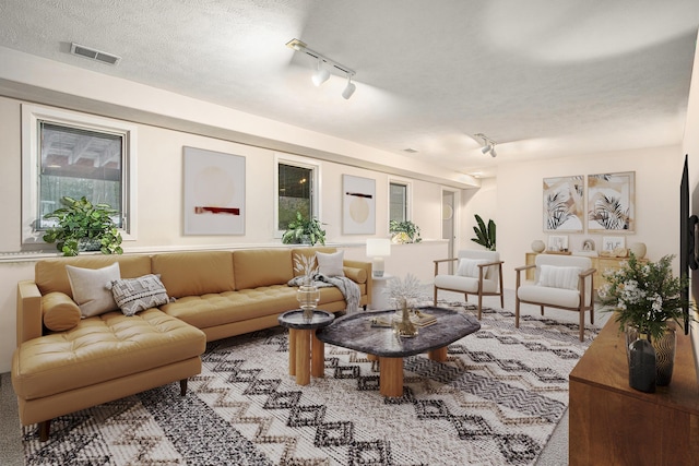 living room featuring rail lighting and a textured ceiling