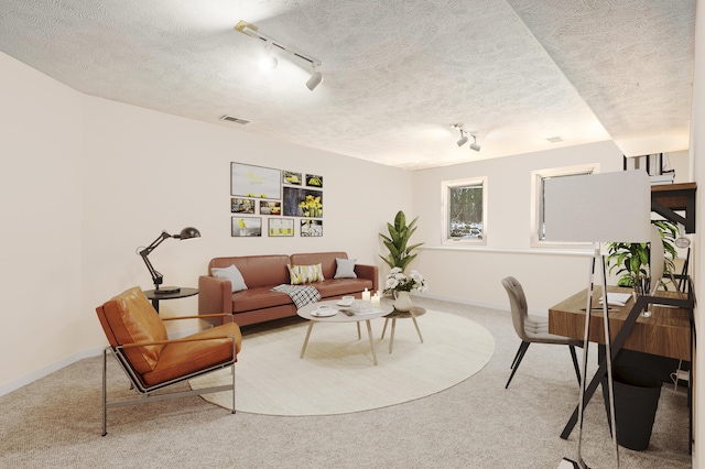 living room with a textured ceiling, track lighting, and carpet flooring