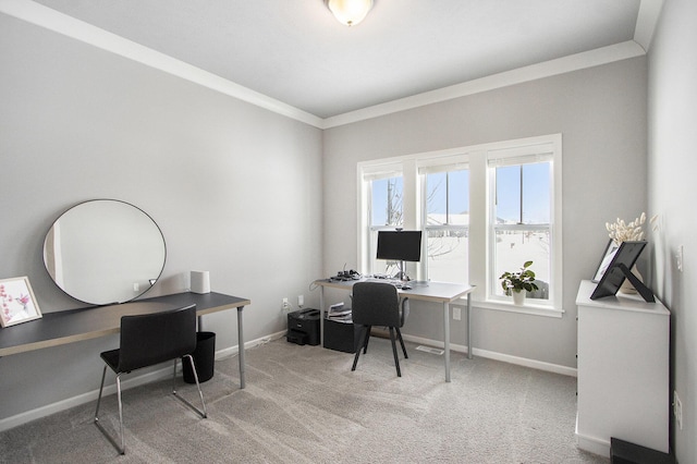 carpeted office featuring crown molding