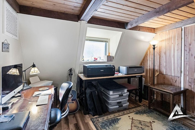 office with dark wood-type flooring, wooden ceiling, wooden walls, and beamed ceiling