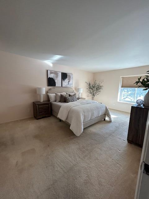 bedroom featuring light carpet