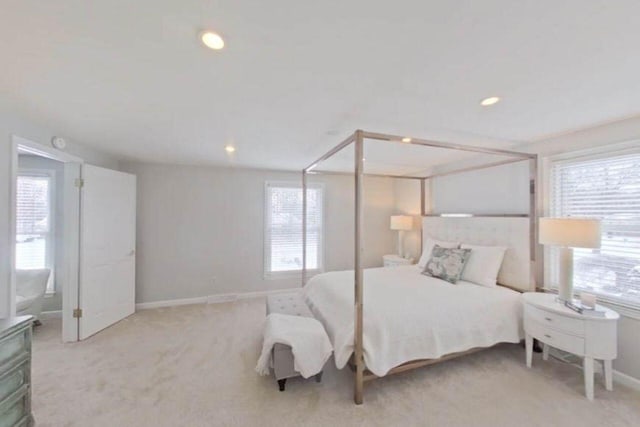 carpeted bedroom with multiple windows