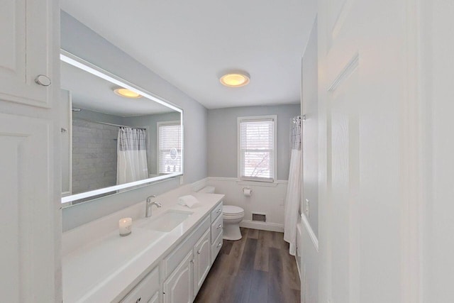 bathroom featuring a shower with shower curtain, toilet, vanity, and wood-type flooring