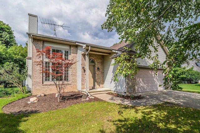 ranch-style house with a front yard, brick siding, driveway, and an attached garage